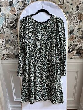 Loft Green Floral Long-Sleeve A-Line Dress